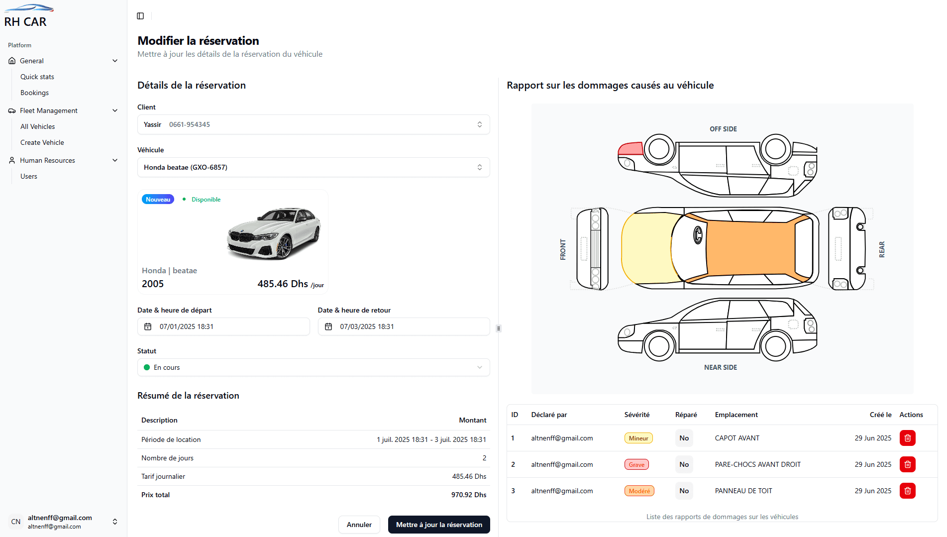 RH CAR admin page for modifying a vehicle reservation, showing client details, vehicle info, dates, and a visual damage report.