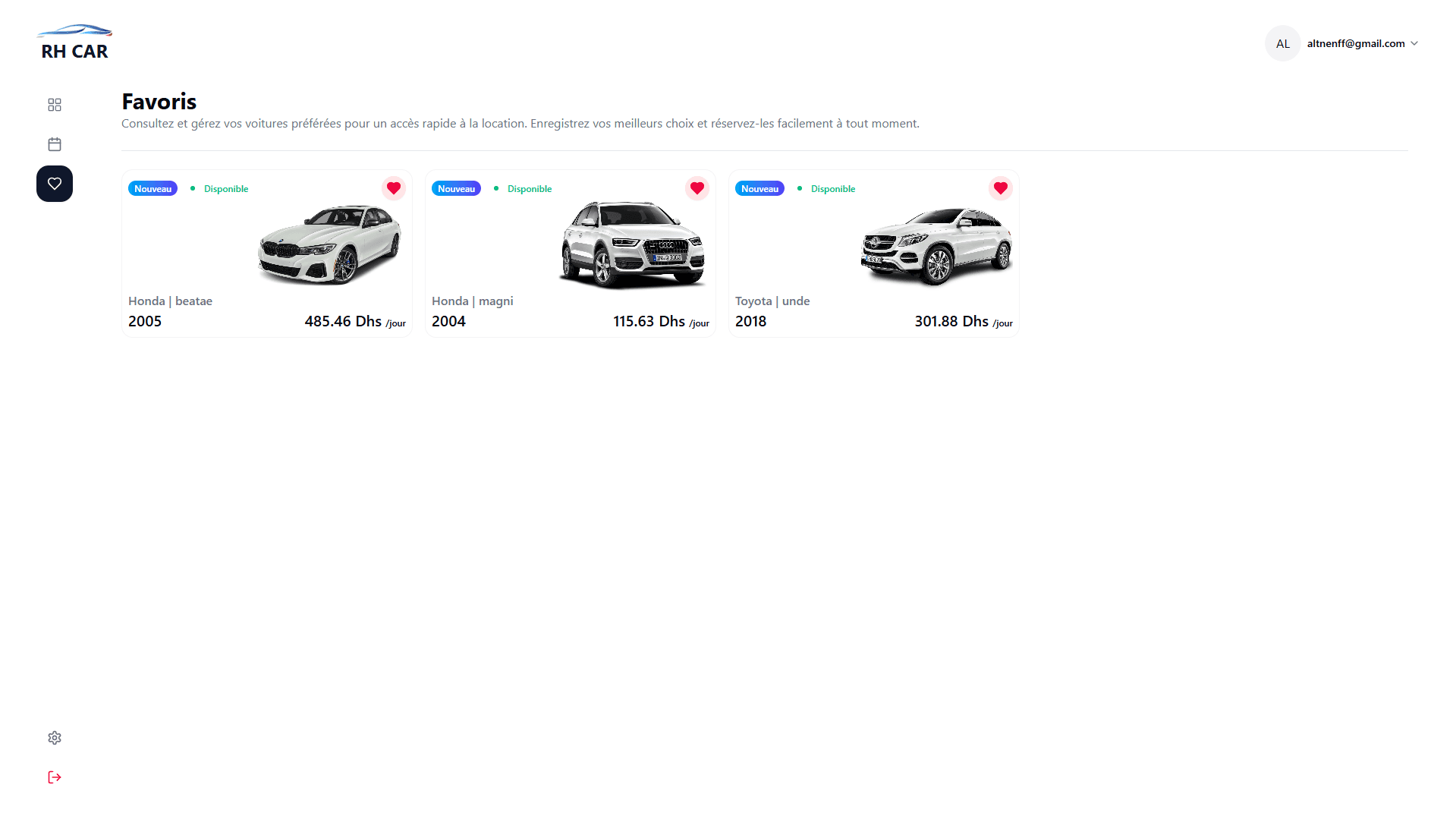 RH CAR user favorites list of cars.