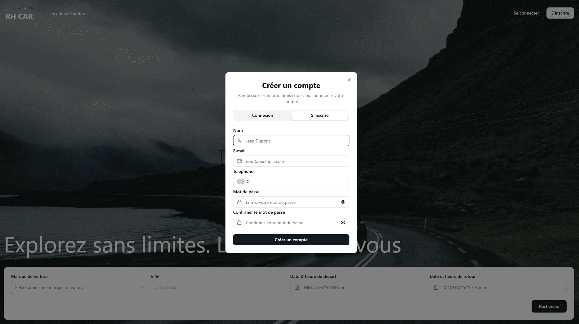 Car rental landing page auth modal