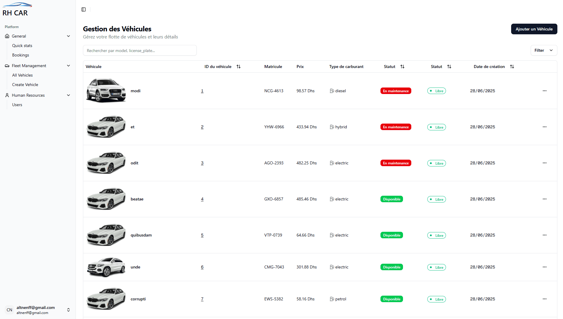 RH CAR admin page for managing the vehicle fleet, listing all cars with details, search, filter, and add new vehicle options.