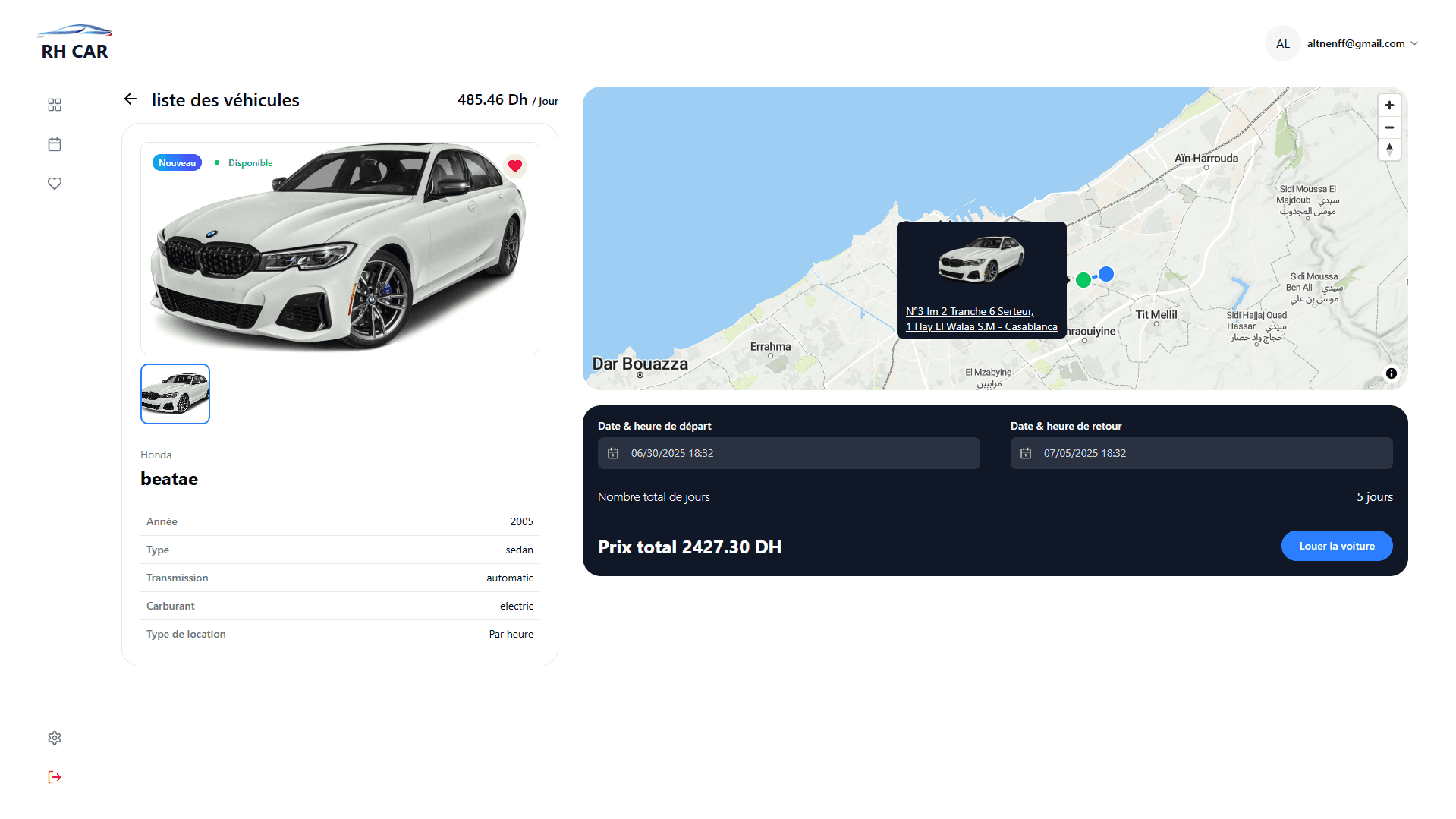RH CAR vehicle detail page with map and booking options.