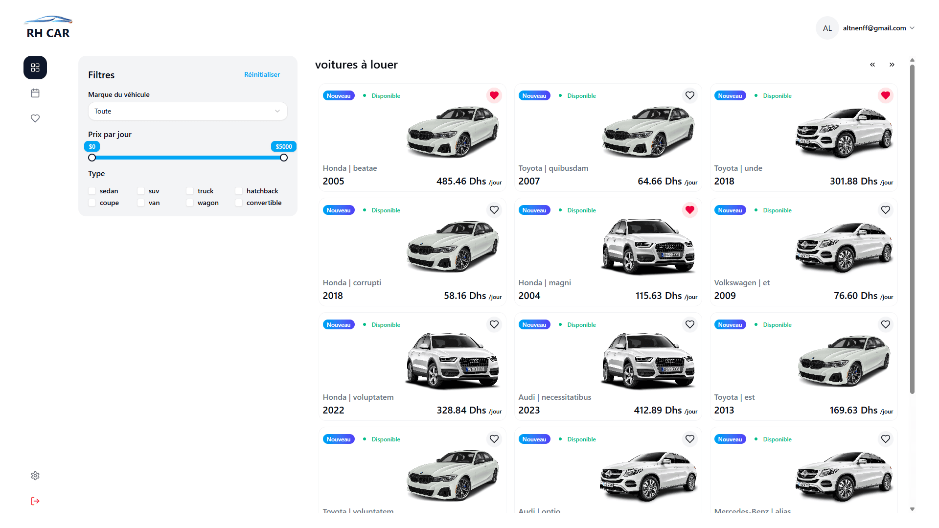 RH CAR vehicle list with filters and availability.